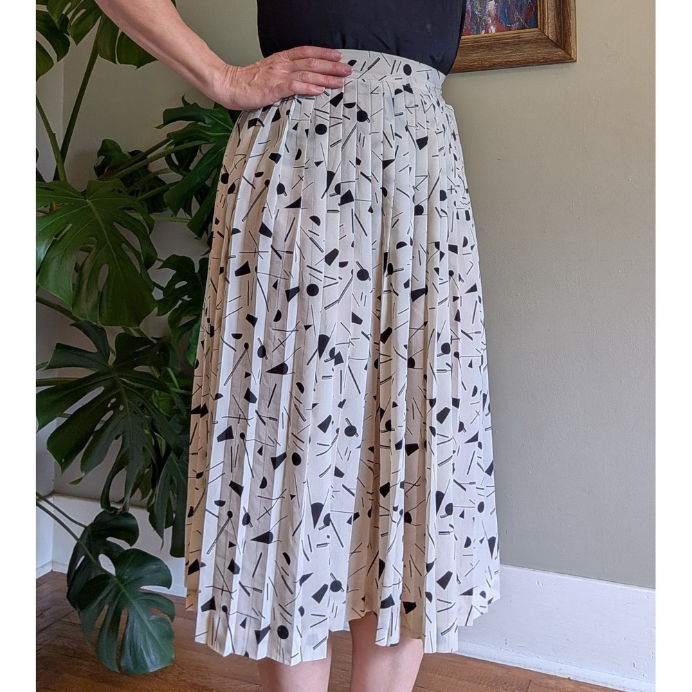 Vtg 80s Chaus Geometric Confetti Accordion Pleated Midi Skirt Retro Career Funky
